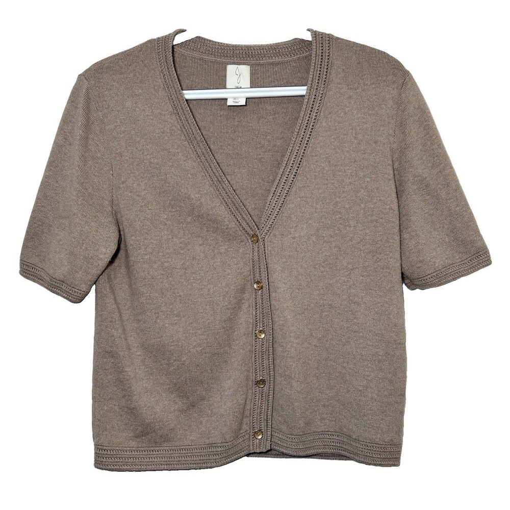 Joie Women’s L Taupe Short Sleeve Cardigan Gold Buttons Crochet Knit Trim
